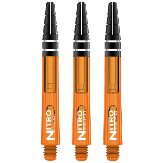 C523-Nitrotech-Orange-Medium-H Das Bild zeigt drei orangefarbene RedDragon Nitrotech Shafts. Sie sind speziell für Dartpfeile entworfen und haben schwarze Spitzen.
