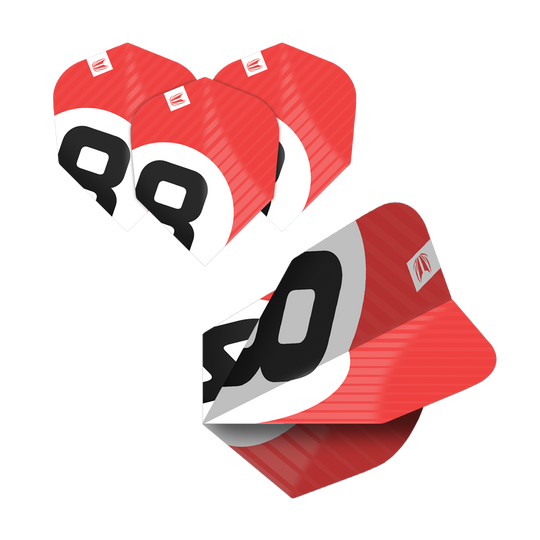 337205_Target_ProUltra_5Sets_Multipack_Chicane_No6_Flights_3d5hRqCNBEAbBb Das Bild zeigt fünf Sets der Target Pro Ultra Chicane Multipack No6 Flights. Die Flights sind rot, weiß und schwarz mit einer markanten Nummer und Logo gestaltet.