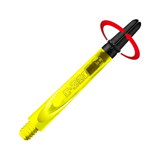 HR451_Harrows_Carbon_360_Shafts_Gelb_49mm_2_Symbol Das Bild zeigt einen gelben Dartshaft mit der Aufschrift "C-360". Oben ist ein schwarzer Teil mit einem roten Pfeil zu sehen, der auf eine Drehbewegung hinweist.