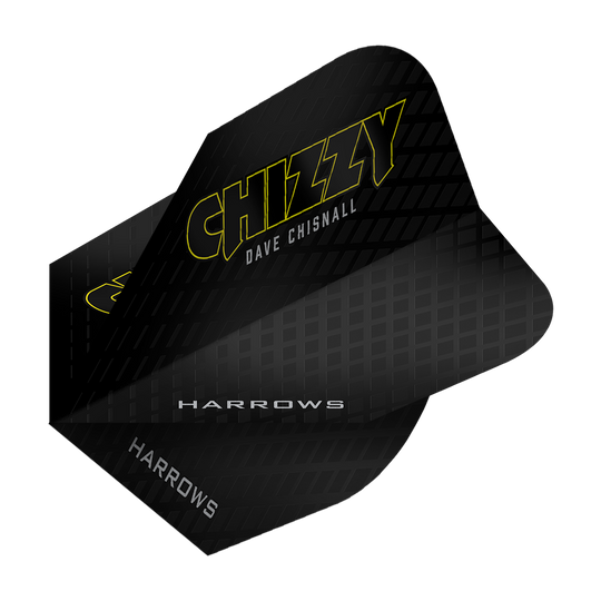 Das Bild zeigt das Produkt „Harrows Dave Chisnall Chizzy Series 3 Flights“. Die Flights sind schwarz mit gelber Schrift und tragen den Namen „Chizzy“ sowie „Dave Chisnall“.