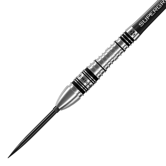 Abgebildet sind die Harrows Supergrip Bomb Quick Point Steeldarts. Es handelt sich um Steeldarts mit spezieller Supergrip-Technologie.