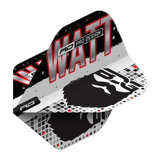 Red Dragon Hardcore Jason Watt BDG Premium No2 Standard Flights Das Bild zeigt die Red Dragon Hardcore Jason Watt BDG Premium No2 Standard Flights. Das Design ist in Schwarz, Weiß und Rot gehalten und trägt den Schriftzug "WATT" sowie eine stilisierte Grafik.