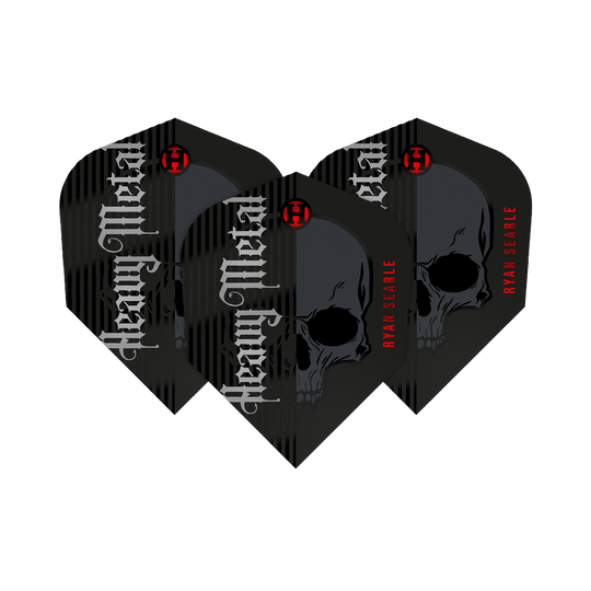 Das Bild zeigt drei Dartflights der Serie "Harrows Ryan Searle Heavy Metal Series 2". Die Flights sind schwarz mit einem Totenkopf-Design und den Aufschriften „Heavy Metal“ und „Ryan Searle“.