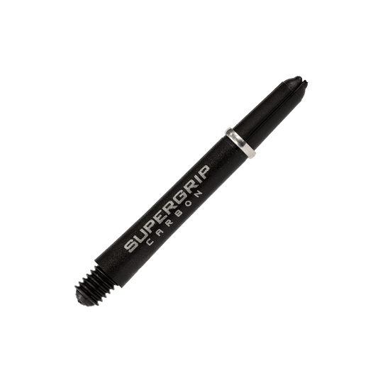 Das Bild zeigt einen Harrows Supergrip Carbon Shaft in Silber. Der Schaft ist schwarz mit silbernem Ring und weißer Aufschrift.