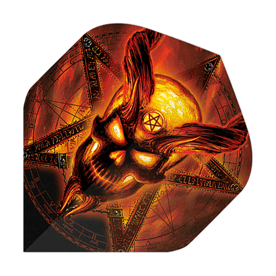Das Bild zeigt einen Dartflight mit einem brennenden, dämonischen Schädel und einem Pentagramm im Hintergrund. Die Farben sind hauptsächlich in Rot-, Orange- und Gelbtönen gehalten, was das feurige Design betont.