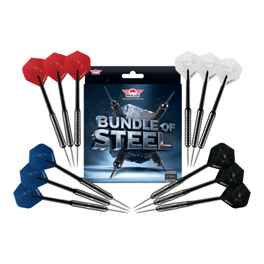 Bulls NL Bundle Of Steel - 4 Sets Brass Steeldarts Zu sehen sind die Bulls NL Bundle Of Steel - 4 Sets Brass Steeldarts. Das Produkt bietet vier Sets Messing-Steeldarts für Dartspieler.