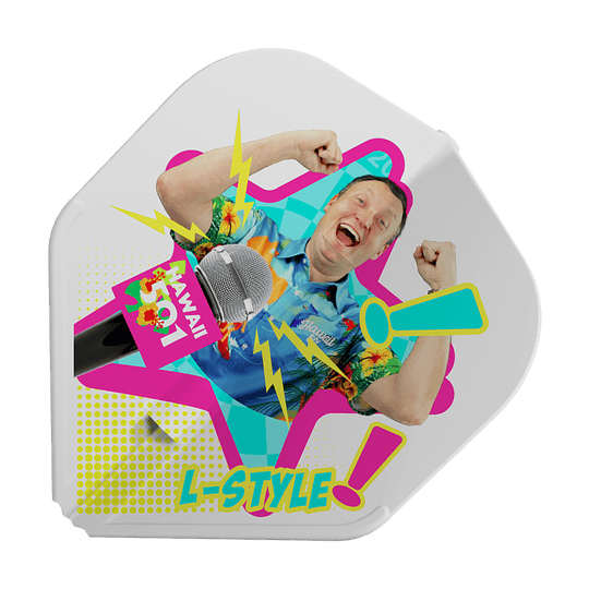 L-Style Wayne Mardle Type B L1EZ White Flights Das Bild zeigt das Produkt "L-Style Wayne Mardle Type B L1EZ White Flights" mit einem bunten Design. In der Mitte ist eine fröhliche Person abgebildet, umgeben von Mikrofon, Blitzen und dem Schriftzug "L-Style".