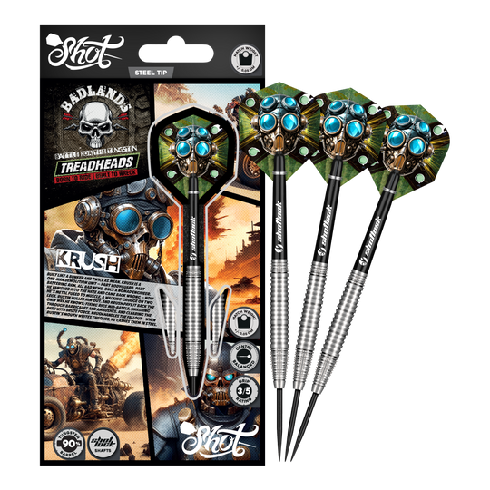 Dargestellt ist das komplette Shot Badlands Krush Steeldarts Set. Das Produkt ist ideal zum gezielten Werfen.