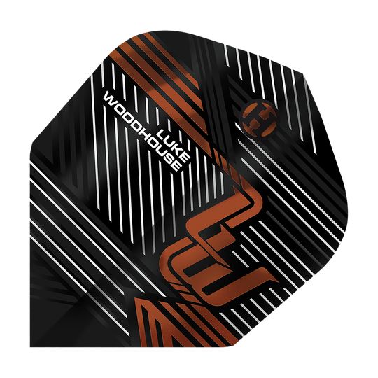 Das Bild zeigt das Produkt "Harrows Luke Woodhouse Series 2 Flights". Auf dem Flight sind schwarze, weiße und kupferfarbene Linien mit dem Namen "Luke Woodhouse" abgebildet.