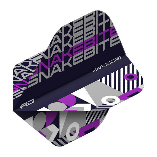 Das Bild zeigt ein Dart-Flight mit dem Namen "Red Dragon Hardcore Snakebite Black Purple Standard Flights". Das Design ist schwarz-lila mit geometrischen Mustern und dem Schriftzug "SNAKEBITE".