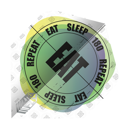 Das Bild zeigt einen Dartflight mit dem Text "EAT SLEEP 180 REPEAT" in einem kreisförmigen Design. In der Mitte steht das Wort "EAT" in großen Buchstaben.