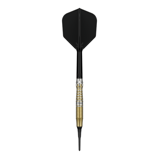 Target Black Marque Enzo Softdarts - 18g werden gezeigt. Diese 18-Gramm-Darts sind elegant und für Softdart-Wettkämpfe geeignet.