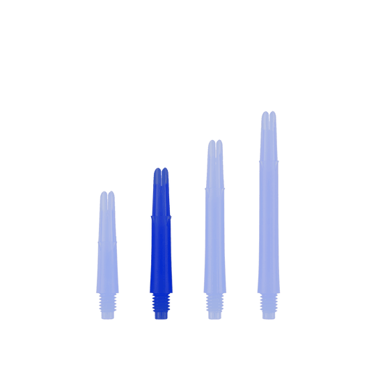 L-L-Style-Shafts Locked Straight - Blue Auf dem Bild sind vier blaue Dartschäfte in unterschiedlichen Längen zu sehen. Sie stehen nebeneinander aufrecht vor weißem Hintergrund.