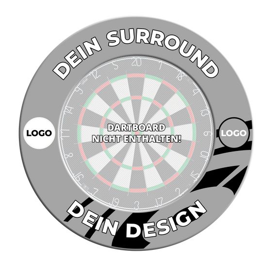 Dartboard surround with your design Ein weiteres graues Dartboard-Surround mit individuellem Druck ist zu sehen. Die Ansicht zeigt eine andere Perspektive des Surrounds.