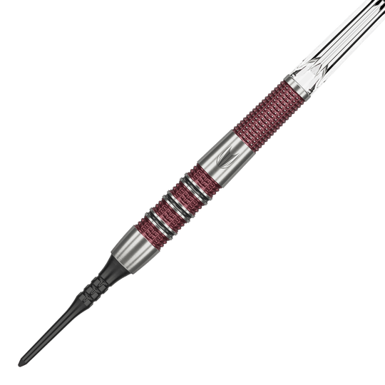 Target Stephen Bunting 95K Soft Darts - 19g Das Bild zeigt einen Target Stephen Bunting 95K Softdart mit einem Gewicht von 19 Gramm. Der Dart hat ein silbernes und rotes Griffdesign mit einer schwarzen Softspitze.