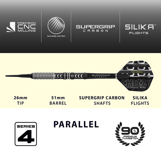 Harrow's Dave Chisnall Chizzy Series 4 soft darts Das Produkt ist die Harrows Dave Chisnall Chizzy Series 4 Softdarts. Es richtet sich an Spieler, die Softdarts bevorzugen.