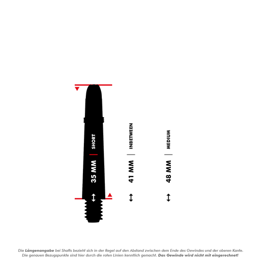 Shot Koi Carbon Shafts - Yellow Das Bild zeigt drei verschiedene Längen von Carbon-Schäften: 35 mm (Short), 41 mm (Inbetween) und 48 mm (Medium). Es wird durch rote Linien verdeutlicht, wie die Längen gemessen werden, wobei das Gewinde nicht mit eingerechnet wird.