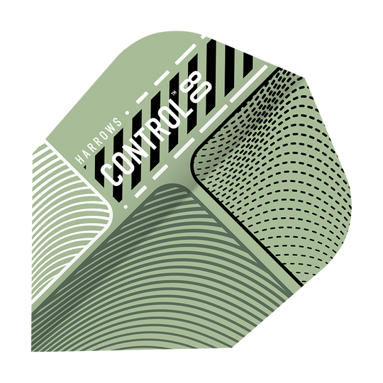 Harrows Prime Control No6 Flights Das Bild zeigt das Produkt "Harrows Prime Control No6 Flights". Es ist ein Dart-Flight mit einem modernen, grafischen Design in Grüntönen und weißen Linien.