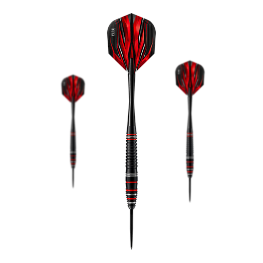 Harrows Fire High Grade Alloy steel darts Auf dem Bild sind die Harrows Fire High Grade Alloy Steeldarts zu sehen. Die Darts haben ein schwarzes Design mit roten Flammen auf den Flights.