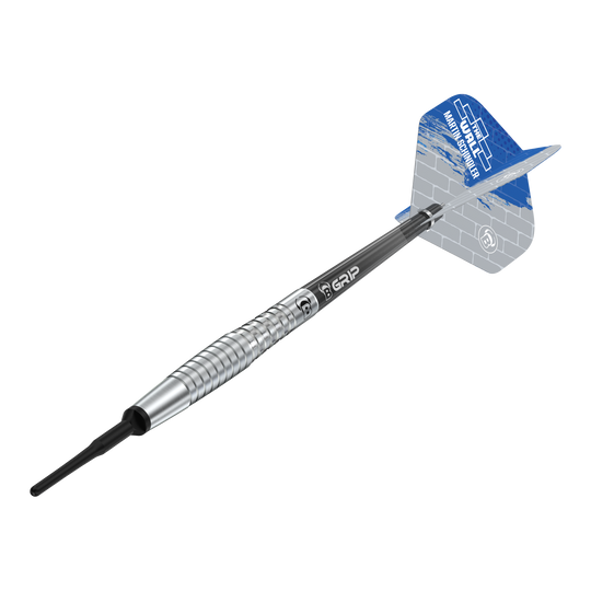 Bulls Martin Schindler Original Generation 2 soft darts Das Bild zeigt den Softdart "Bulls Martin Schindler Original Generation 2". Der Dartpfeil hat einen silbernen, geriffelten Barrel und blaue Flights mit weißem Muster.
