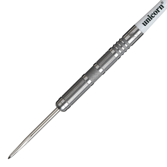 Unicorn James Wade The Machine Range Phase 4 Steeldarts Das Bild zeigt einen Unicorn James Wade The Machine Range Phase 4 Steeldart. Der Dartpfeil ist silberfarben und hat eine geriffelte Griffzone für besseren Halt.