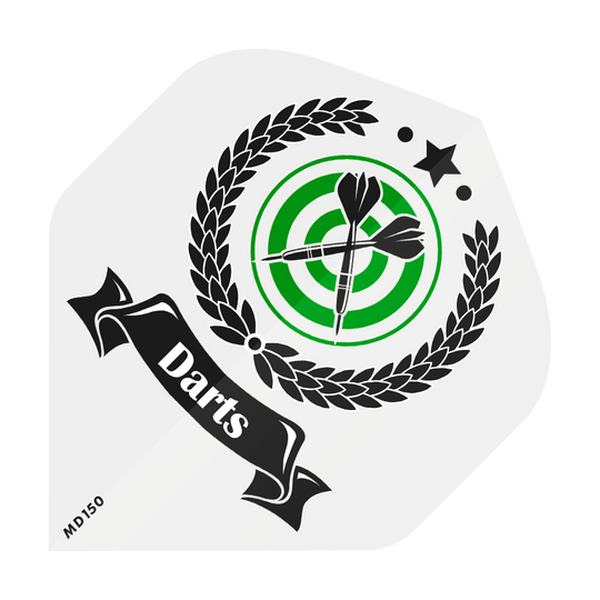 Das Bild zeigt ein grünes Dartscheiben-Ziel mit zwei schwarzen Pfeilen in der Mitte, umgeben von einem Lorbeerkranz. Ein schwarzes Band mit dem weißen Schriftzug "Darts" verläuft quer durch das Bild.