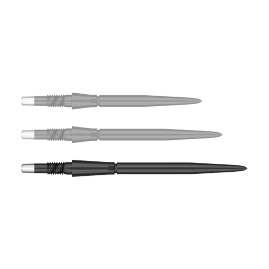 Target Swiss Storm Point Dart Tips - Black Das Bild zeigt drei schwarze Dartspitzen mit silbernen Enden. Sie sind nebeneinander in einer horizontalen Reihe angeordnet.