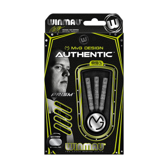 1443_Winmau_Michael_Van_Gerwen_MvG_Authentic_Steeldarts_3NGrZgYTawOCBO Die Abbildung zeigt die Verpackung der "Winmau Michael Van Gerwen MvG Authentic Steeldarts". Auf der Packung sind drei Darts und ein Bild von Michael Van Gerwen zu sehen.