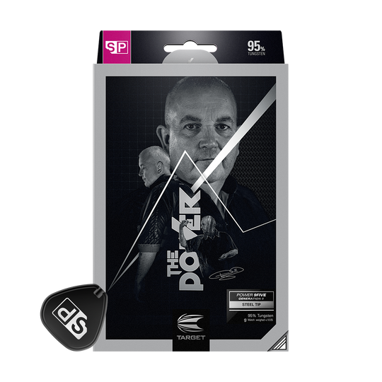 Die Verpackung zeigt die Target Phil Taylor Power 9Five GEN8 Swiss Point Steeldarts. Auf der Vorderseite ist ein Bild von Phil Taylor sowie Produktinformationen abgebildet.