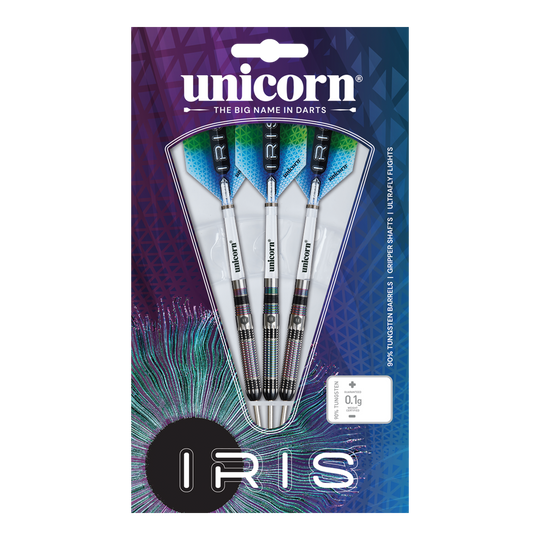 Unicorn Iris Steeldarts Das Bild zeigt eine Verpackung mit drei Steeldarts der Marke "Unicorn Iris". Die Darts haben silberne Schäfte und blaue Flights, und die Verpackung ist bunt gestaltet.