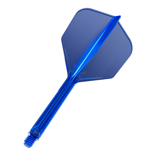 Target K-Flex No6 Flight System - Blue Das Bild zeigt einen blauen Dartflügel mit Schaft. Der Dartflügel ist durchsichtig und hat eine Schraubverbindung am unteren Ende.