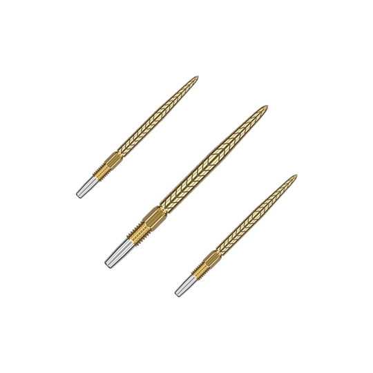 Auf dem Bild sind drei goldene Dartspitzen mit silbernen Enden zu sehen. Sie sind fein gearbeitet und haben ein geprägtes Muster auf der Oberfläche.