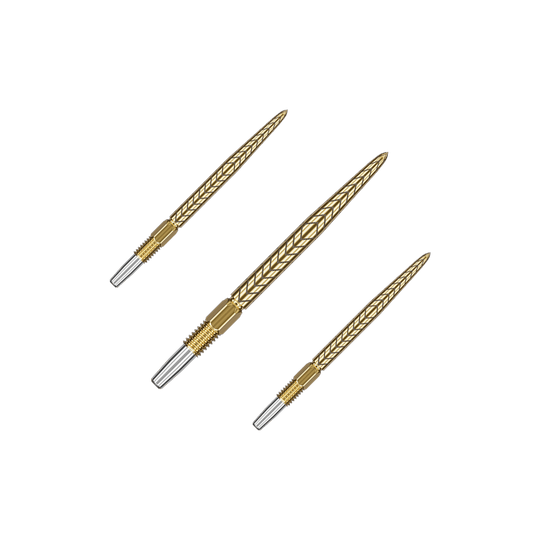 Target Swiss Point RVE dart tips - Gold Auf dem Bild sind drei goldene Dartspitzen mit silbernen Enden zu sehen. Sie sind fein gearbeitet und haben ein geprägtes Muster auf der Oberfläche.