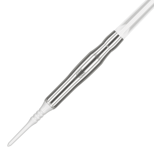 Target Japan Crux Brave Soft Darts - 18.5g Das Bild zeigt den Target Japan Crux Brave Softdart mit einem Gewicht von 18,5g. Der Dartpfeil hat ein elegantes, silbernes Design mit einer weißen Spitze.