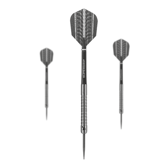Harrows Supergrip 90% Tungsten steel darts Das Bild zeigt drei Harrows Supergrip 90% Tungsten Steeldarts. Die Darts haben ein silbernes Design mit schwarzem Schaft und Flight.