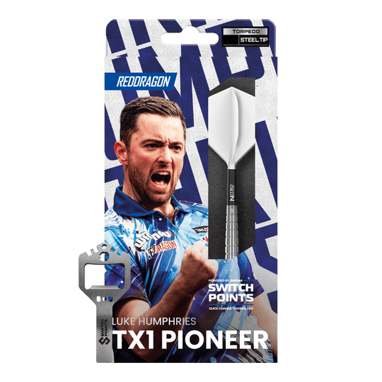 Gezeigt werden die Red Dragon Luke Humphries TX1 Pioneer Switch Point Steeldarts. Das Produkt ist für anspruchsvolle Dartspieler gedacht.