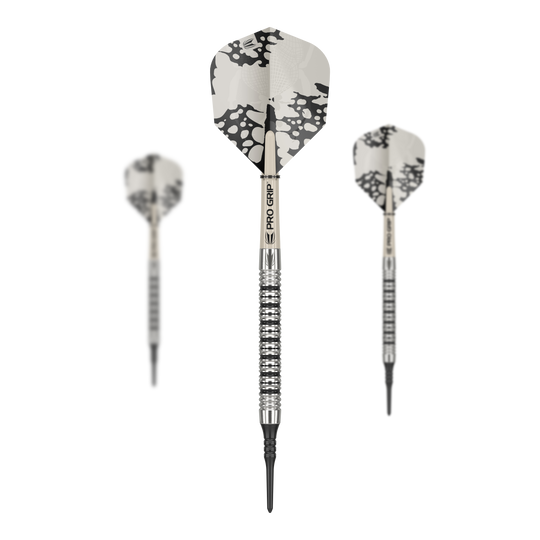 Target EXO 11 Soft Darts Das Bild zeigt drei Target EXO 11 Softdarts mit silbernen Griffen und schwarz-weißen Flights. Die Darts haben einen modernen, gestreiften Look und spitze Kunststoffspitzen.