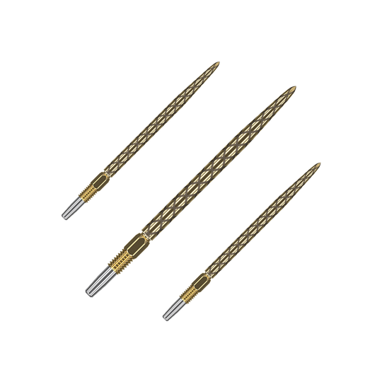 Target Swiss Diamond Pro Gold dart tips Das Bild zeigt drei goldfarbene Dartspitzen mit einem rautenförmigen Muster. Sie sind nebeneinander auf einem weißen Hintergrund angeordnet.