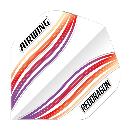 Das Bild zeigt ein Dartflight mit dem Namen „Red Dragon Airwing Red Wave Standard Flights“. Das Flight ist weiß mit roten, orangenen und lilafarbenen Wellenstreifen sowie den Aufschriften „AIRWING“ und „RED DRAGON“.