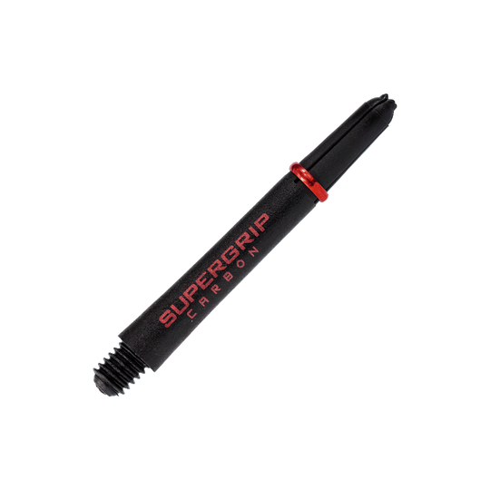 HR358_Harrows_Supergrip_Carbon_Shafts_Rot_40mm_2 Das Bild zeigt einen Harrows Supergrip Carbon Shaft in Rot. Der Schaft ist schwarz mit rotem Schriftzug und einem roten Ring gestaltet.