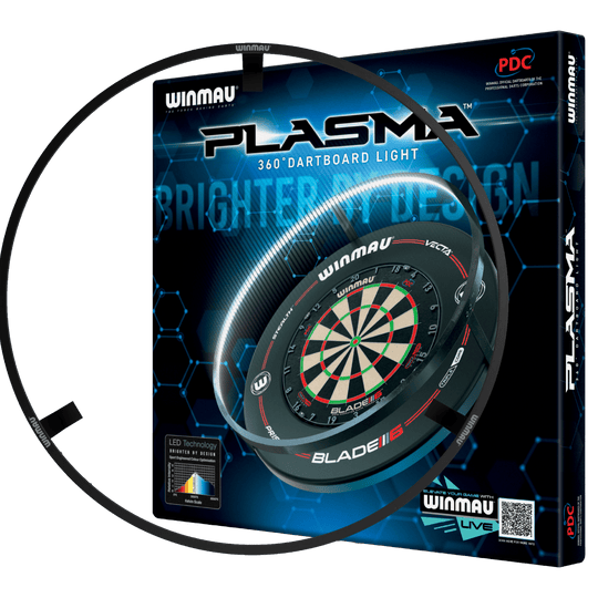 BUNDLE Winmau Plasma LED lighting and surround Das Bild zeigt das Produkt "Winmau Plasma LED Beleuchtung und Surround Bundle" in seiner Verpackung. Es enthält eine LED-Beleuchtung für ein Dartboard sowie einen Schutzring.