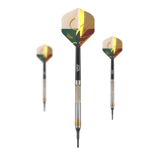 Abgebildet ist das Bulls NL Vintago Shark Softdarts - 18g Set. Es zeigt ein komplettes Set von Softdarts mit besonderem Design.