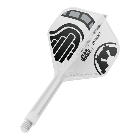 Das Bild zeigt einen einzelnen Dart-Flight aus der Star Wars KFlex Stormtrooper Serie. Der Flight ist in der Standardgröße und hat eine Länge von 26 mm.