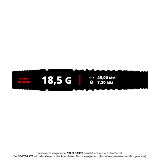 Target Japan Black Marque Warrior Soft Darts - 18.5g Das Produkt "Target Japan Black Marque Warrior Softdarts" wiegt 18,5 Gramm. Der Barrel ist 45,00 mm lang und hat einen Durchmesser von 7,20 mm.