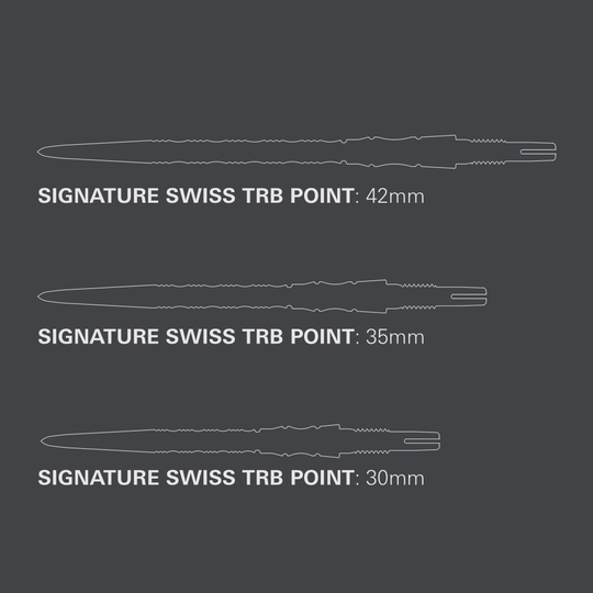 Target Signature Swiss Point TRB steel dart tips - silver Das Foto zeigt die Target Signature Swiss Point TRB Steeldartspitzen in der Farbe Silber. Sie sind ideal für den professionellen Einsatz im Dartsport.