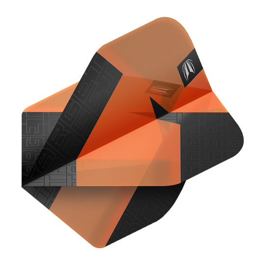 Target Pro Ultra TAG Orange No2 Standard Flights - 3 sets Das Bild zeigt orangefarbene und schwarze Dart-Flights mit einem modernen Design. Es handelt sich um das Produkt "Target Pro Ultra TAG Orange No2 Standard Flights - 3 Sets".