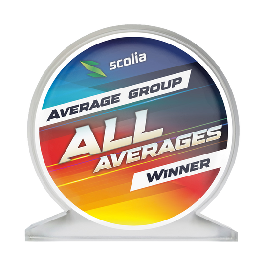 Das Bild zeigt einen Acrylglas-Pokal für alle Durchschnitte, genannt AllAverages. Er kann für verschiedene Kategorien im Dartsport vergeben werden.