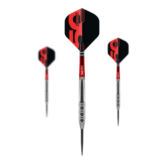 Das Bild illustriert ein Set der Red Dragon 50 Year Collection Hexoset 3 Steeldarts mit 25g Gewicht. Diese Steeldarts sind Teil einer limitierten Sammleredition.