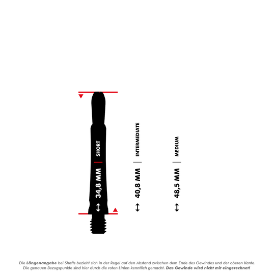 Das Bild zeigt drei verschiedene Längen von Aluminium-Schäften mit den Bezeichnungen Short, Intermediate und Medium. Die genauen Längen sind mit roten Linien markiert und als 34,8 mm, 42,2 mm und 48,5 mm angegeben.