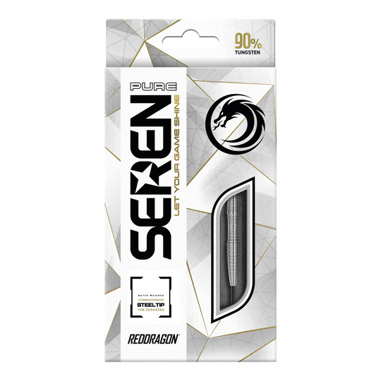 Die Abbildung zeigt die Verpackung der "Red Dragon Seren 3 Pure Steeldarts". Auf der Verpackung steht, dass die Darts aus 90% Tungsten bestehen.